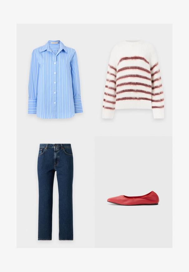 Pull blanc avec des rayures horizontales rouges et roses, fabriqué à partir d'un matériau doux et texturé. Il présente un col rond et des poignets côtelés.; Chemise bleu clair à manches longues avec rayures blanches verticales et col pointu, présentée sur un fond blanc.; Jean droit en denim bleu foncé avec fermeture à bouton et zip à l'avant, poches avant et arrière, et surpiqûres contrastées.; Filippa K REY FLATS - Ballerines - bright red