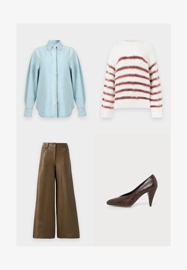 Pull blanc avec des rayures horizontales rouges et roses, fabriqué à partir d'un matériau doux et texturé. Il présente un col rond et des poignets côtelés.; Chemise en denim bleu clair avec manches longues bouffantes, col pointu, poignets boutonnés et patte de boutonnage cachée à l'avant.; Pantalons à jambes larges en simili cuir marron lisse. Présentent une taille haute, quatre poches et une fermeture éclair sur le devant. Texture plate et design minimaliste.; Chaussure à talon haut marron avec un bout pointu et un motif texturé en cuir de serpent, vue de côté sur un fond clair uni.