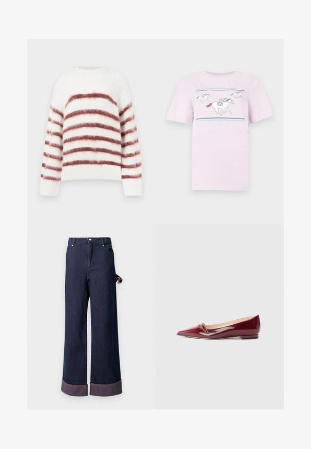 Weißer Pullover mit horizontalen roten und pinken Streifen, aus weichem, strukturiertem Material. Mit rundem Halsausschnitt und gerippten Bündchen.; Hellrosa Baumwoll-T-Shirt mit einer Grafik von Pferden und Reitern in Blau- und Grautönen. Kurzärmlig und mit Rundhalsausschnitt.; Weite Denim-Hosen aus dunkelblauem Baumwollstoff mit gesäumtem Saum, versehen mit einem pinken Akzent-Tag an der Seite und klassischem Fünf-Taschen-Design.; Burgunderfarbene Lacklederballerinas mit spitzem Zehenbereich, ausgestattet mit einem kleinen Ausschnitt und einem niedrigen Absatz. Glatte Textur und elegantes Design.
