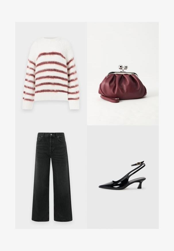 Pull blanc avec des rayures horizontales rouges et roses, fabriqué à partir d'un matériau doux et texturé. Il présente un col rond et des poignets côtelés.; Jean en denim noir à jambes larges, taille haute, poches avant et fermeture classique par bouton. Le tissu présente une finition lisse avec une légère texture.; Escarpins à brides arrière en cuir verni noir, à bout pointu, avec un petit talon carré et une sangle de cheville ajustable dotée d'une boucle dorée.; Petit sac pochette en cuir bordeaux avec fermoir métallique argenté et bracelet sur fond blanc.