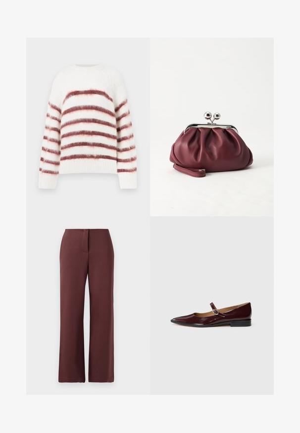 Weißer Pullover mit horizontalen roten und pinken Streifen, aus weichem, strukturiertem Material. Mit rundem Halsausschnitt und gerippten Bündchen.; Burgunderfarbene weit geschnittene Hose aus glattem Stoff, mit Reißverschluss, tailliertem Schnitt und klaren Linien für ein strukturiertes Erscheinungsbild.; Burgunder patentierte Leder-Mary-Jane-Schuhe mit einer spitzen Zehe, flachem Absatz und einem dekorativen Riemen mit einem runden Schnallenakzent.; Kleine burgunderrote Lederclutch mit silbernem Metallverschluss und Handgelenksriemen auf weißem Hintergrund.