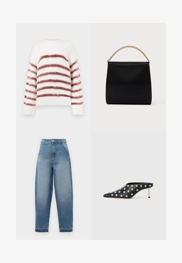 Hvid sweater med horisontale røde og lyserøde striber, lavet af blødt, tekstureret materiale. Har en rund halsudskæring og ribbede manchetter.; Lyseblå denimjeans med høj talje, løs pasform, fem-lommer design og frynsede kanter. Har klassisk syning og lynlås foran.; STAND STUDIO KELSEY - Mules med hæl - black; Sort taske lavet af glat stof, med en struktureret form, et håndtag med guld kæde og et minimalistisk geometrisk design.