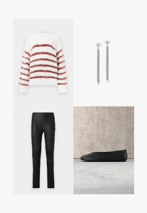 Pull blanc avec des rayures horizontales rouges et roses, fabriqué à partir d'un matériau doux et texturé. Il présente un col rond et des poignets côtelés.; Leggings noirs en tissu lisse et extensible. Design ajusté avec une texture douce. Présente des détails de couture au niveau des genoux.; Ballerine en cuir noir avec un bout arrondi, texture lisse et un accent logo doré sur le côté. Placée au-dessus d'une surface réfléchissante.; Boucles d'oreilles en chaîne argentée avec une fermeture bouclée et plusieurs rangées tombantes, présentant une texture lisse et polie avec un éclat subtil.