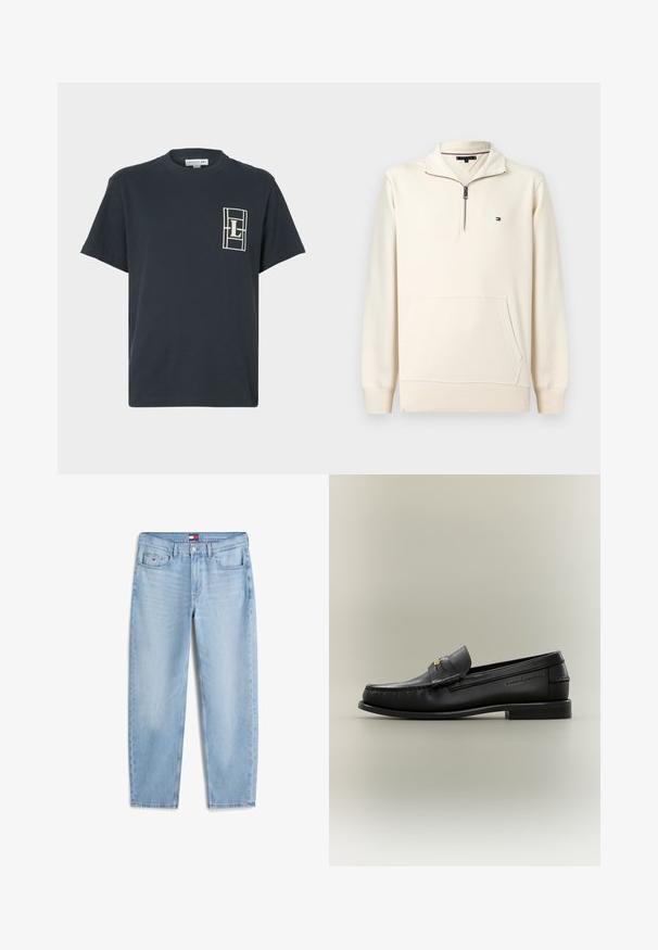 Pull à manches longues de couleur crème avec demi-fermeture éclair, petit logo sur la poitrine gauche, poche avant et poignets et ourlet côtelés.; T-shirt bleu marine à manches courtes et col rond avec un logo rectangulaire blanc comprenant la lettre "L" sur le côté gauche de la poitrine.; Jean bleu clair évasé avec poches avant, passants de ceinture, fermeture par bouton et petit logo sur la poche avant droite.; Mocassin noir en cuir à enfiler avec petit talon, boucle dorée et nom de marque embossé sur le côté sur fond neutre.