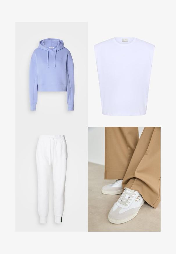 Afskåret lavendel hætte sweatshirt med snoretræk, lange ærmer, ribbede manchetter og et lille logo på brystet. Lavet af blødt sweatshirtmateriale.; Hvid ærmeløs top med strukturerede skuldre, rund halsudskæring og subtilt præget logo foran i midten.; Hvide joggerbukser med elastisk talje og snøre, der har sidelommer og ribbet manchetter. Blødt stof med broderet logodetalje.; Hvide sneakers med ruskinddetaljer, strukturerede snørebånd og gummisål. Kombineret med løse, brune bukser. Logoet er vist på siden.