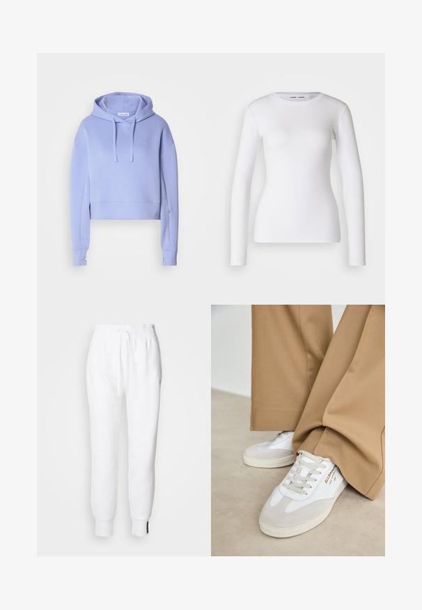 Haut cropped en lavande avec capuche à cordon, manches longues, poignets côtelés et un petit logo sur la poitrine. Fabriqué en matière douce de sweat-shirt.; Chemise blanche à manches longues en tissu côtelé, avec un col rond et une coupe cintrée. Aucun motif ni accent présent.; Pantalon de jogging blanc avec taille élastique et cordon de serrage, comportant des poches latérales et des poignets côtelés. Tissu doux avec un détail de logo brodé.; Baskets blanches avec des accents en daim, des lacets texturés et une semelle en caoutchouc. Associées à un pantalon beige ample. Logo affiché sur le côté.