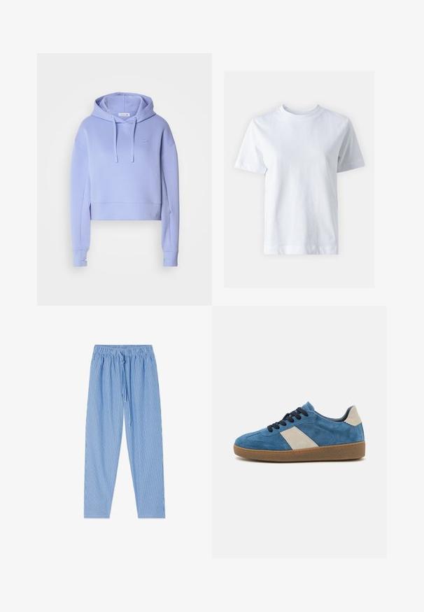 Korte lavendelkleurige hoodie met een trekkoordkap, lange mouwen, geribde manchetten en een klein logo op de borst. Gemaakt van zachte sweatshirtstof.; Witte katoen t-shirt met een ronde hals, korte mouwen, een rechte snit en een gladde textuur. Geen patronen of versieringen.; Blauw-witte verticale gestreepte broek met elastische tailleband en trekkoord, plat neergelegd op een witte achtergrond.; Blauwe leren sneakers met een beige leren accent, donkere veters en een gestructureerde gumzool; laag profiel ontwerp met een ronde neus.