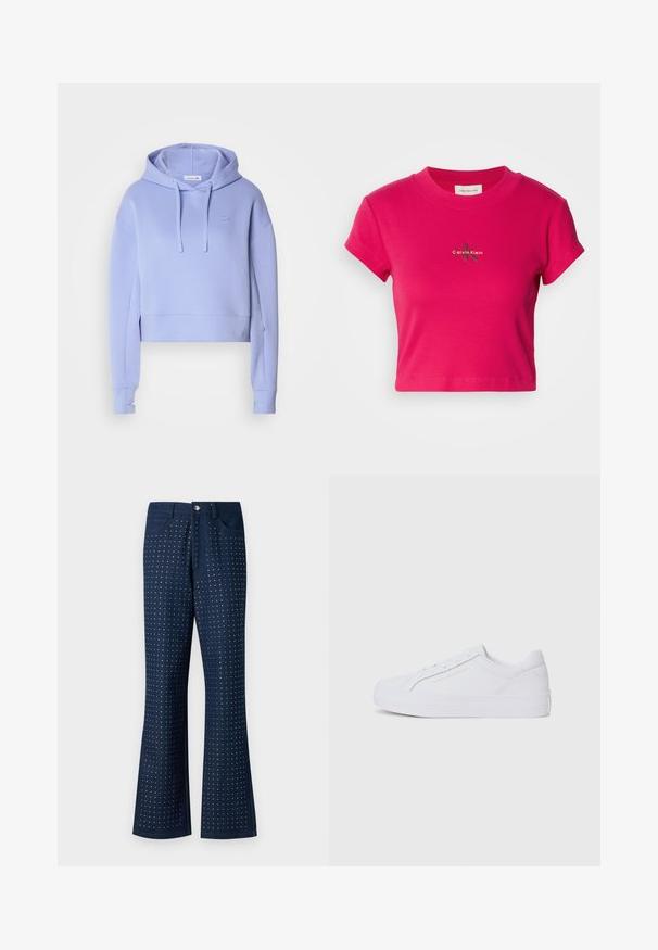 Korte lavendelkleurige hoodie met een trekkoordkap, lange mouwen, geribde manchetten en een klein logo op de borst. Gemaakt van zachte sweatshirtstof.; Felle roze cropped t-shirt met korte mouwen, voorzien van een klein Calvin Klein-logo in het midden. Schoon wit achtergrond voor nadruk.; Flared donkerblauwe jeans met een gestikte patroon door het hele ontwerp, vijf zakken en een metalen knoopsluiting. Gemaakt van denim stof.; Tommy Hilfiger TH PLATFORM - Sneakers laag - white