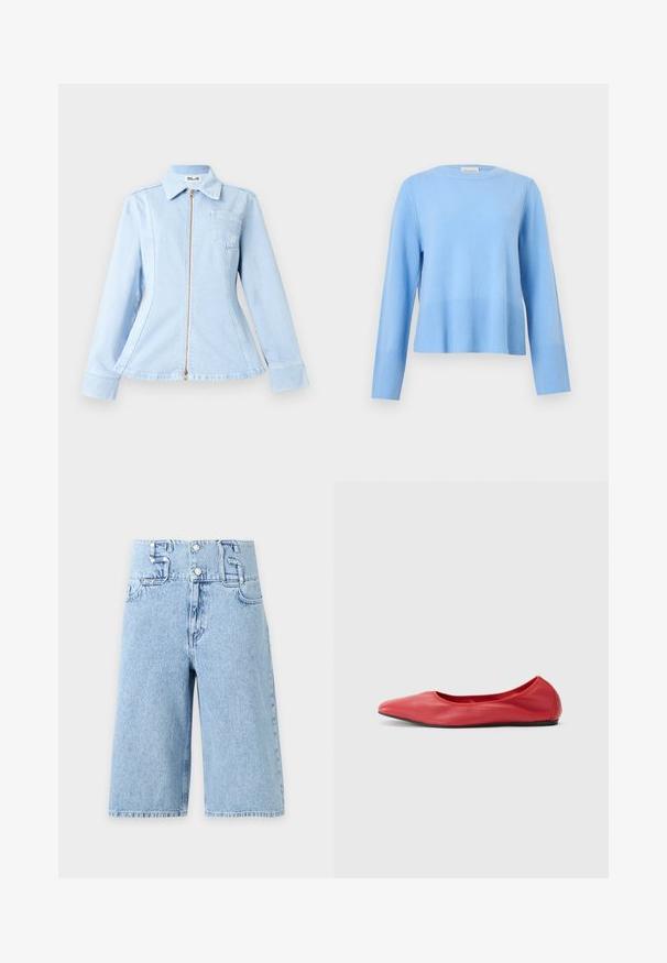 Pull bleu clair à col rond, manches longues avec poignets et ourlet côtelés sur un fond gris uni.; Veste en denim bleu clair avec fermeture éclair, col pointu et une poche poitrine. Présente une coupe ajustée et des manches longues.; Shorts en jean bleu clair taille haute avec jambes larges, fermeture à boutons sur le devant et grandes passants de ceinture en forme des chiffres cinq et six.; Filippa K REY FLATS - Ballerines - bright red