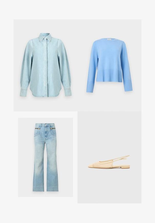 Pull bleu clair à col rond, manches longues avec poignets et ourlet côtelés sur un fond gris uni.; Chemise en denim bleu clair avec manches longues bouffantes, col pointu, poignets boutonnés et patte de boutonnage cachée à l'avant.; Jean bleu clair taille haute à jambes larges avec poches avant dotées de détails de fermeture éclair dorés et fermeture par bouton à la taille.; Chaussure plate slingback en beige clair avec une tige en maille, un bout pointu et un petit talon. Dotée d'une sangle ajustable pour un bon maintien.