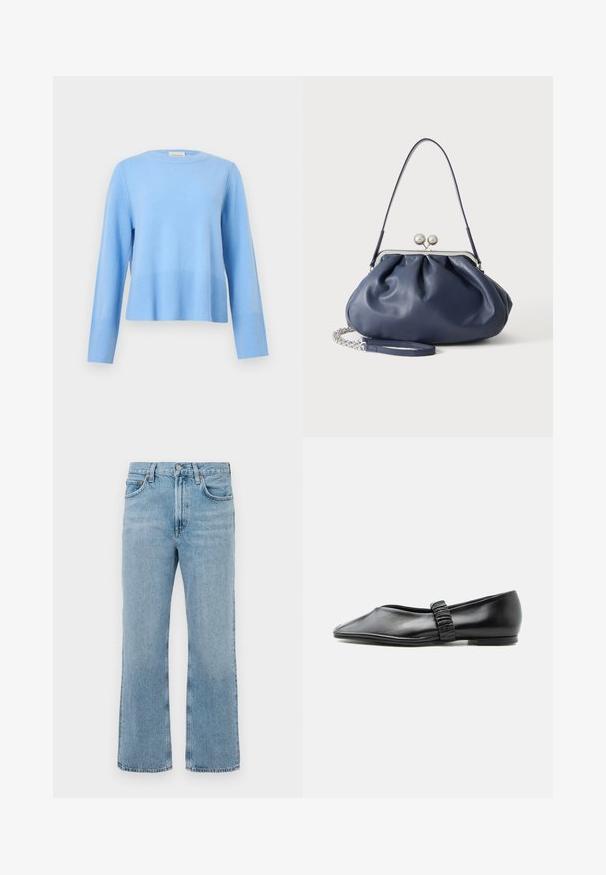 Hellblauer Pullover mit Rundhalsausschnitt, langen Ärmeln und gerippten Bündchen sowie Saum vor einem schlichten grauen Hintergrund.; Hellblaue Denim-Jeans mit geradem Bein, hoher Taille, sichtbaren Nähten und einem leichten Verblassungsmuster. Keine Verzierungen oder Metallteile.; Schwarzer flacher Lederschuh mit gerafftem Riemen über dem Spann und leicht spitzer Spitze, vor einfachem Hintergrund abgebildet.; Weiche navyblaue Ledertasche mit silberner Verschlussklammer, einem einzelnen Schulterriemen und abnehmbarem Ketten-Handgelenksriemen auf weißem Hintergrund.