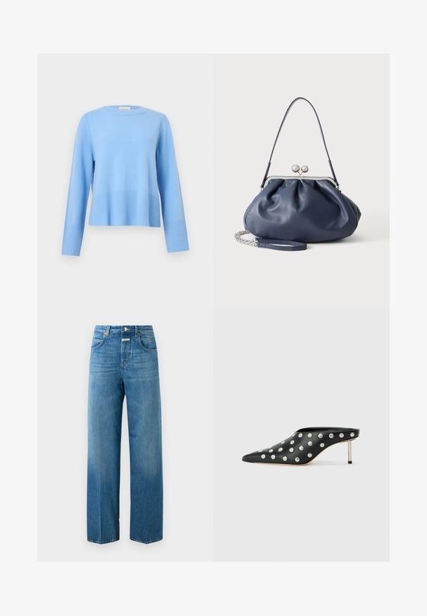 Pull bleu clair à col rond, manches longues avec poignets et ourlet côtelés sur un fond gris uni.; Jeans en denim bleu taille haute à jambe droite avec poches avant et arrière, fermeture à bouton et passants de ceinture sur un fond blanc.; STAND STUDIO KELSEY - Mules à talons - black; Sac à main en cuir bleu marine doux avec fermeture à boucle argentée, une seule bandoulière, et une chaîne de poignet amovible sur fond blanc.