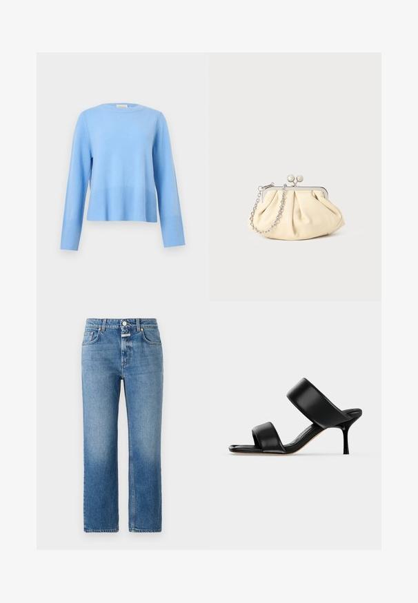 Lyseblå crewneck-trøje med lange ærmer og ribkant ved ærmer og kant på en ensfarvet grå baggrund.; CLOSED MILO - Jeans Straight Leg - mid blue; Sort læder mule sandal med to brede remme og en slank mellemhøj stiletthæl på en ensartet lys baggrund.; Plisseret beige læderclutch med en sølvmetalramme, der har to runde dekorative låse og en sølvkædetrasporte.