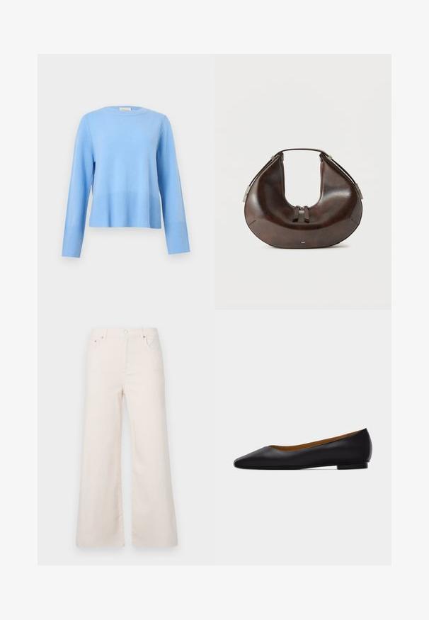 Pull bleu clair à col rond, manches longues avec poignets et ourlet côtelés sur un fond gris uni.; Pantalons en denim beige clair à jambes larges, taille haute, avec cinq poches et une fermeture à bouton à l'avant. Texture lisse, détails de couture minimalistes.; Chaussure plate en cuir noir à bout pointu avec talon bas et finition lisse, vue de côté sur un fond gris clair.; Sac à main en cuir brun foncé en forme de croissant avec poignée supérieure et double curseur de fermeture éclair, présenté sur un fond clair uni.
