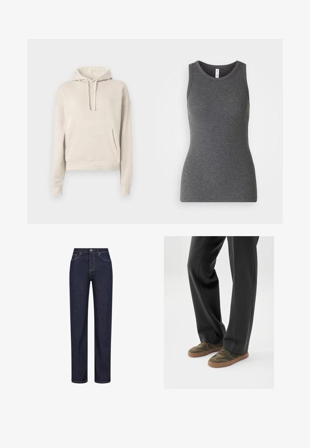 Beige hoodie van zacht materiaal, met een voorzak, verstelbare trekkingkap en ribgebreide mouwen en onderkant.; Grijze mouwloze tanktop van ribmateriaal; heeft een ronde halslijn en een getailleerd ontwerp. Geen patronen of extra accenten.; Donkerblauwe jeans met rechte pijpen, voorzakken, riemlussen en een knoopsluiting in de taille.; Groene suède sneakers met bruine rubberen zolen, voorzien van een vetersluiting en gebogen stikseldetails, gecombineerd met zwarte, op maat gemaakte broeken.