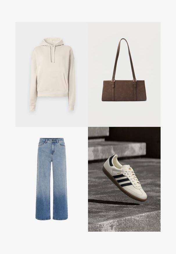 Beige hoodie van zacht materiaal, met een voorzak, verstelbare trekkingkap en ribgebreide mouwen en onderkant.; Hoge taille blauwe denim jeans met wijde pijpen en een gradient vervaging van lichtblauw naar donkerblauw aan de onderkant.; Witte Adidas Samba sneaker met zwarte strepen en gumzool, zwevend boven gestructureerde grijze betonnen treden.; Bruine rechthoekige schoudertas met lange riemen en minimale stikdetails op een effen achtergrond.