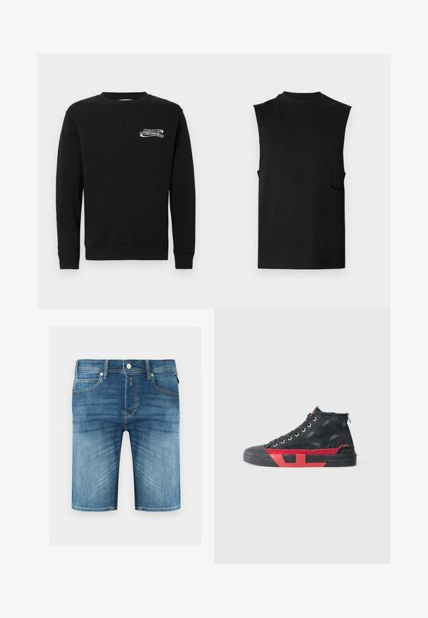 Sweat-shirt noir en mélange de coton, avec un col rond et des manches longues. L'avant comporte un logo "REPLAY RACINGTEAM" brodé en blanc.; Débardeur muscle noir sans manches avec col rond haut, ourlet droit et logo discret sur le côté inférieur.; Shorts en denim bleu pour homme avec bouton devant, fermeture éclair, passants de ceinture et détails délavés sur les cuisses et les poches.; Baskets montantes noires avec des accents rouges et une finition usée. Caractérisées par une tige en toile texturée et une semelle en caoutchouc avec un design découpé.