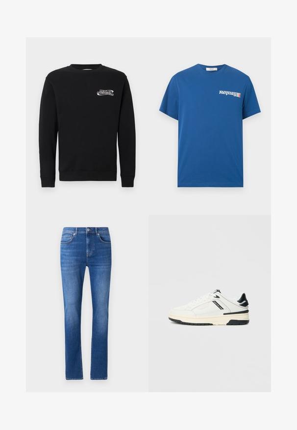 Sort sweatshirt lavet af en bomuldsblanding, med rund hals og lange ærmer. Foran har den en hvid "REPLAY RACINGTEAM" broderet logo.; Blå kortærmet bomulds-T-shirt med hvidt "Replay"-logo og fire farvede striber på venstre bryst, rund halsudskæring, ensfarvet ryg.; Blå denim jeans med lige pasform, der har fem lommer, en knaplukning og let falmede detaljer over hele stoffet.; Hvid lavtsiddende sneaker med sorte accenter, cremefarvet sål, snørebånd og "Jeans Pepe" tekst på sidepanelet.
