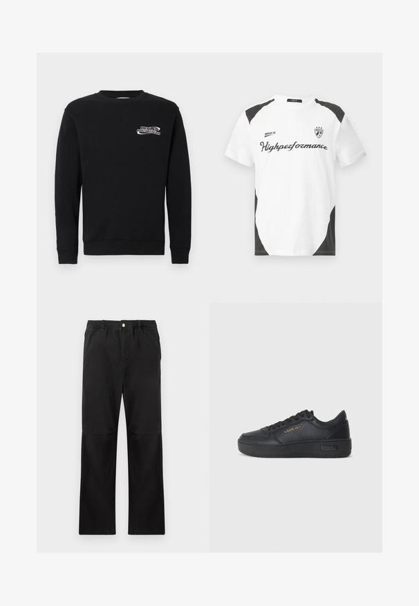 Sort sweatshirt lavet af en bomuldsblanding, med rund hals og lange ærmer. Foran har den en hvid "REPLAY RACINGTEAM" broderet logo.; Hvid kortærmet t-shirt med sorte accenter. Har "REPLAY FC" logoet og "Highperformance" teksten i en sporty skrift. Lavet af et glat materiale.; Sorte bukser lavet af bomuld med elastisk talje, med et lige ben-design, glat tekstur og uden synlige detaljer eller mønstre.; Replay EPIC HIGH - Sneakers - black