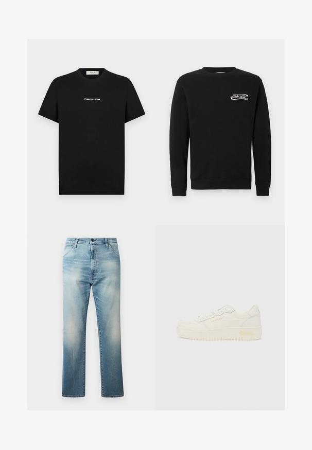 Sweat-shirt noir en mélange de coton, avec un col rond et des manches longues. L'avant comporte un logo "REPLAY RACINGTEAM" brodé en blanc.; T-shirt en coton noir à manches courtes et col rond, arborant un logo blanc "REPLAY" centré sur la poitrine.; Replay WAINE PANTS - Jean boyfriend - light blue; Baskets basses blanches avec lacets à l’avant, semelle épaisse et marquage subtil "REPLAY" sur le côté et le talon, vues de profil.