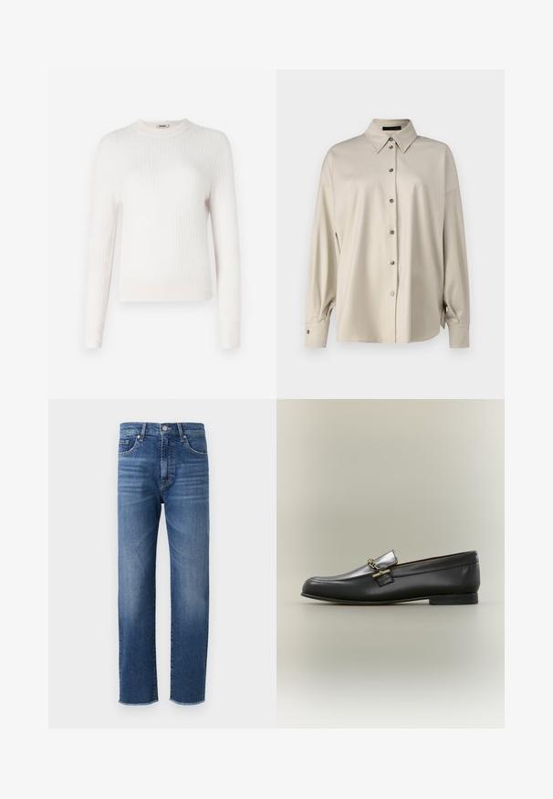 Lys cremet ribbet striktrøje med lange ærmer og rund halsudskæring. Blød tekstur og tætsiddende design med kontrasterende manchetter og kant.; DRYKORN LYSILA - Skjortebluser - brown; Blå denimjeans med straight-leg design, featuring en falmet finish, fem-lomme styling og en frynset kant.; Sort læderloafer med sølv øverste, gyldent kædedetalje, lav hæl og rundet tå på neutral baggrund.
