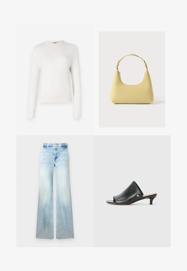 Helle cremefarbene, ribbelige Strickjacke mit langen Ärmeln und runder Ausschnitt. Weicher Stoff und figurbetonter Schnitt mit kontrastierenden Bündchen und Saum.; Hellblaue, flared Jeans aus Denim. Sie bietet eine ausgewaschene Optik, Standardtaschen und einen Knopfverschluss an der Taille.; Schwarze Leder-Pantoletten mit offenen Zehen und niedrigem Absatz. Sie verfügen über eine glatte Oberfläche und ein goldenes Logo-Detail an der Seite.; Gelbe Ledertasche mit geschwungener Silhouette, kurzem verstellbarem Riemen und einem Reißverschlussfach. Auf der Vorderseite befindet sich ein dezentes Logo.