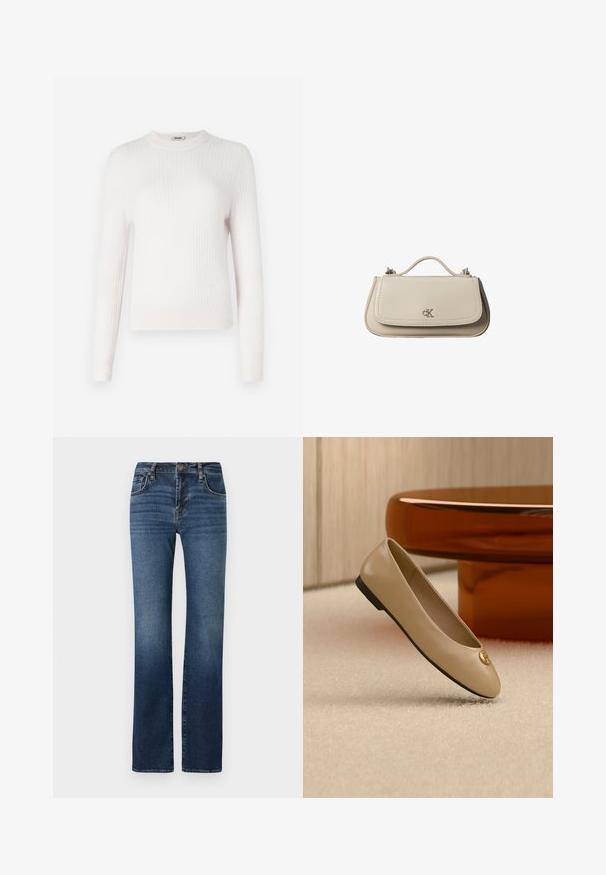 Lys cremet ribbet striktrøje med lange ærmer og rund halsudskæring. Blød tekstur og tætsiddende design med kontrasterende manchetter og kant.; Mørkeblå denim jeans med lige ben, høj talje, subtil falmning, fem lommer og metalknaplukning.; Beige læder balletflat med sort sål og guldemblem på tåen, placeret på cremefarvet tæppe ved siden af afrundet ravfarvet møbel.; Lille beige læderhåndtaske med top håndtag og sølv CK-logo på frontklap, vist mod en hvid baggrund.