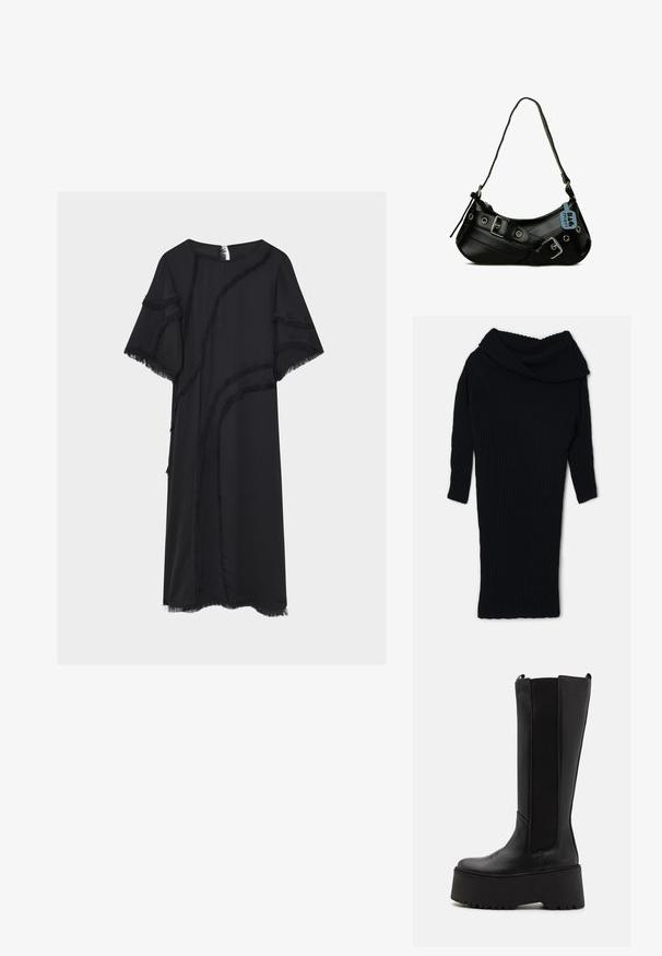 A.W.A.K.E. MODE SNOOD - Strickpullover - black; Schwarzes Midikleid mit kurzen Ärmeln, rundem Ausschnitt und dekorativem Fransenbesatz in geschwungenen Mustern vorne, an den Ärmeln und am Saum.; Schwarze knielange Stiefel mit glattem Lederoberteil, elastischen Seitenpaneelen und einer dicken Plateausohle mit rutschfester Unterseite.; Schwarze synthetische Handtasche mit geschwungener Form, verstellbarem Riemen und dekorativen Metall-Schnallen. Besitzt eine glatte, glänzende Textur.