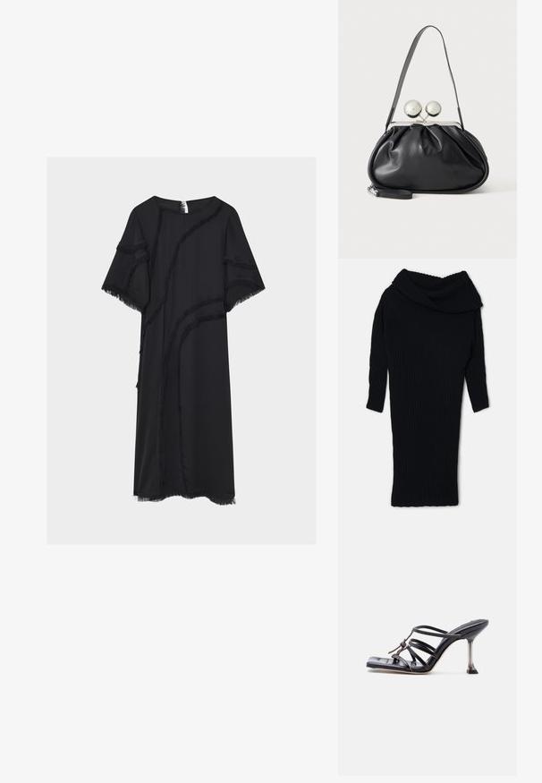 A.W.A.K.E. MODE SNOOD - Pullover - black; Robe midi noire à manches courtes, encolure ronde et bordure décorative à franges aux motifs courbés sur le devant, les manches et l’ourlet.; Sandale à talon haut noire avec brides fines, bout carré et talon stiletto mince, présentant des brides qui se croisent et un nœud décoratif sur le dessus.; Sac à main en cuir noir avec un design plissé, une sangle unique, un cadre métallique argenté et deux grandes fermoirs ronds en argent.