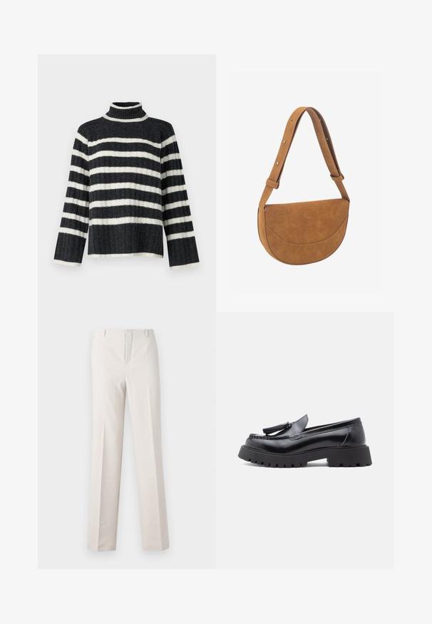Pull en col roulé à rayures noires et blanches, à la coupe ample, avec une texture côtelée et des manches longues. Il présente un col haut et des rayures horizontales.; Pantalons beige sur mesure avec une coupe droite, présentant une texture lisse, deux poches avant et sans détails matériels visibles.; Mocassins en cuir noir avec une forme effilée, un détail à pampilles, et une semelle en caoutchouc épaisse présentant un motif cramponné pour une meilleure adhérence.; Sac à bandoulière en cuir marron demi-lune avec sangle ajustable et rabat de poche avant cousu, embossé du logo "HVISK".