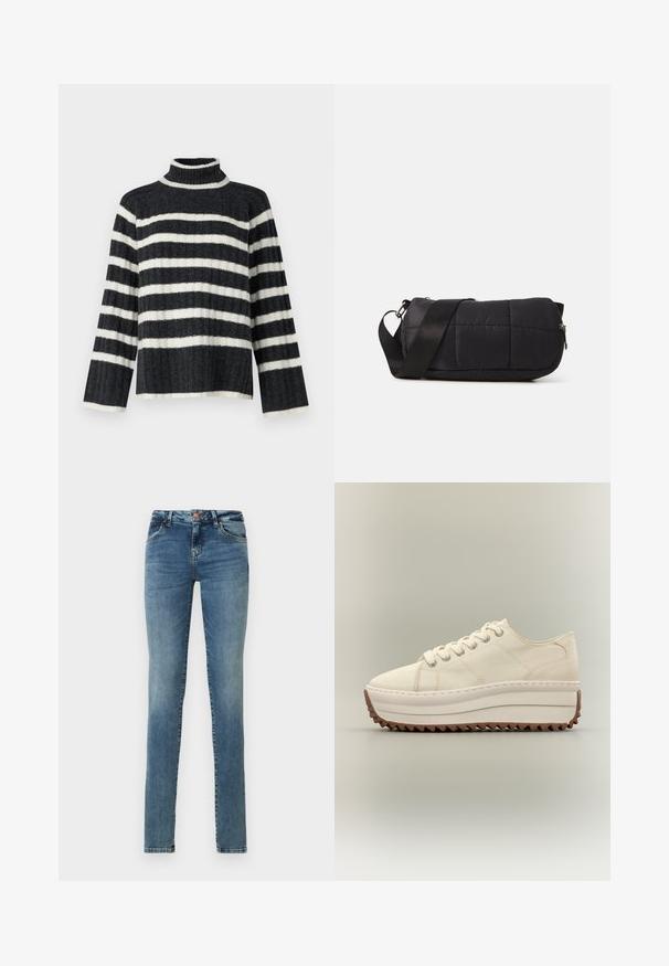 Pull en col roulé à rayures noires et blanches, à la coupe ample, avec une texture côtelée et des manches longues. Il présente un col haut et des rayures horizontales.; Jeans skinny en denim bleu clair, avec une fermeture à bouton, cinq poches, un léger délavage et un design classique.; Baskets à plateforme couleur crème avec semelle blanche épaisse et crampons marron en zigzag, fermeture à lacets et tige en toile.; Sac noir matelassé de forme cylindrique, fabriqué en matériau doux. Il dispose d'une bandoulière noire et de quincaillerie en argent. Fermeture zippée.