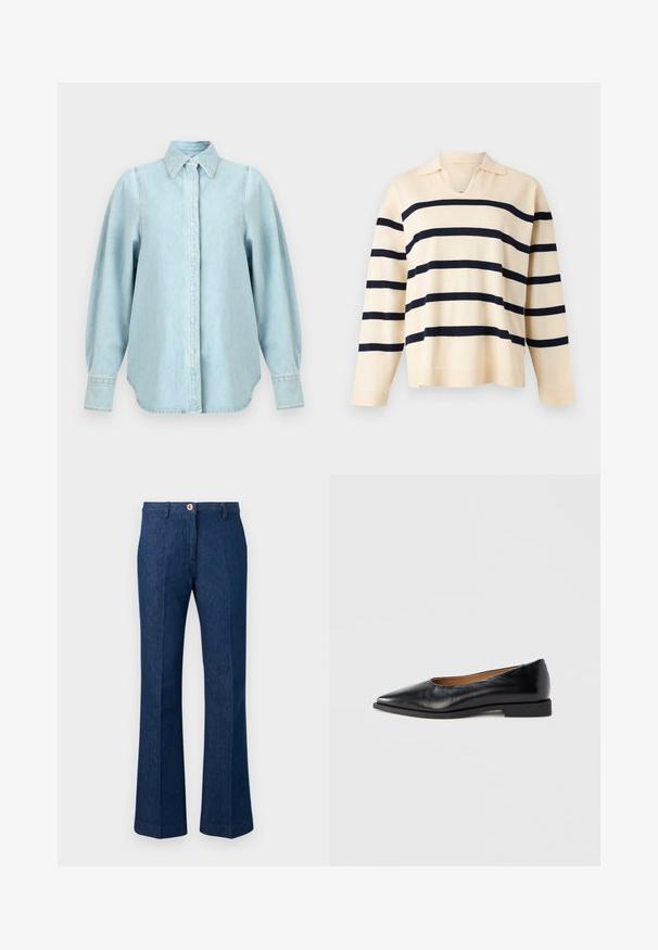 Pull en maille beige à manches longues avec des rayures noires horizontales et un petit col avec un décolleté en V.; Chemise en denim bleu clair avec manches longues bouffantes, col pointu, poignets boutonnés et patte de boutonnage cachée à l'avant.; Pantalon en denim bleu foncé avec coupe droite, fermeture à bouton et zip devant, et passants pour ceinture sur fond blanc.; Chaussure plate en cuir noir avec un bout pointu et un petit talon carré. Texture lisse, design minimaliste, sans éléments métalliques visibles ni motifs.