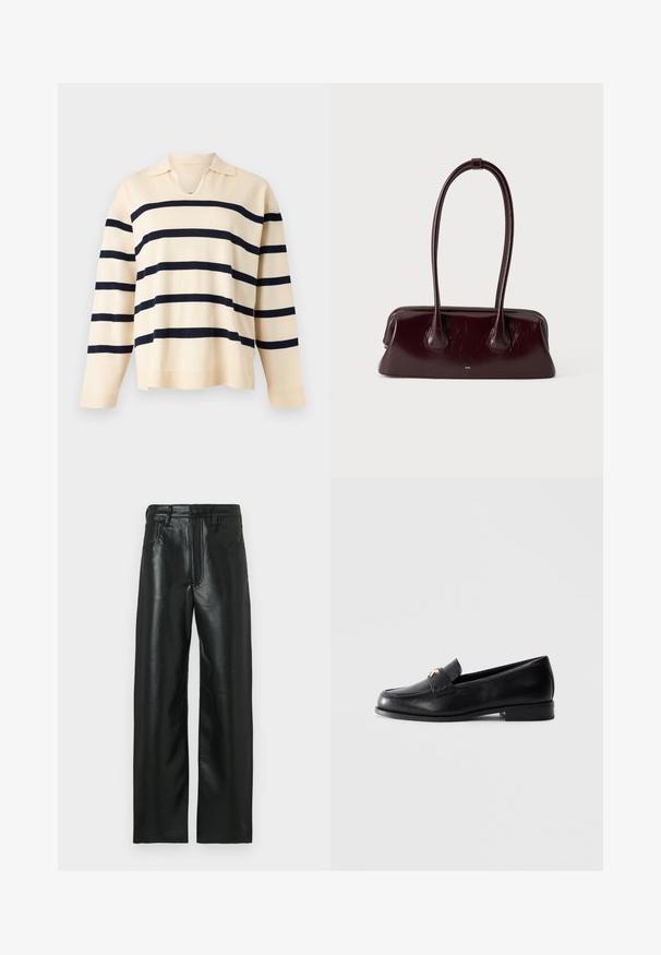 Pull en maille beige à manches longues avec des rayures noires horizontales et un petit col avec un décolleté en V.; Pantalon en cuir noir à coupe droite, avec une fermeture par bouton, des passants pour ceinture et deux poches avant. Texture lisse avec un léger éclat.; Mocassin en cuir noir avec un petit talon et un emblème décoratif en or sur la sangle, présenté sur un fond gris clair uni.; Sac à main en cuir brun foncé brillant avec de longues anses fines et une base rectangulaire structurée sur un fond clair uni.