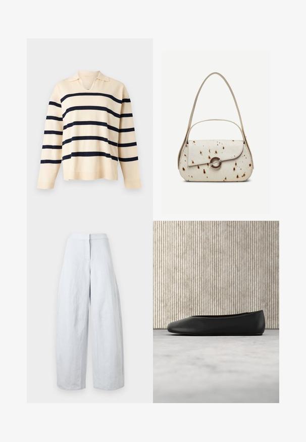 Pull en maille beige à manches longues avec des rayures noires horizontales et un petit col avec un décolleté en V.; Pantalon en lin blanc taille haute à jambes larges avec fermeture avant à boutons et fermeture éclair, présenté sur un fond uni.; Ballerine en cuir noir avec un bout arrondi, texture lisse et un accent logo doré sur le côté. Placée au-dessus d'une surface réfléchissante.; Sac à main couleur crème avec des taches marron, rabat incurvé avec une fermeture métallique circulaire, doté de deux fines anses, dont une plus longue pour porter à l'épaule.