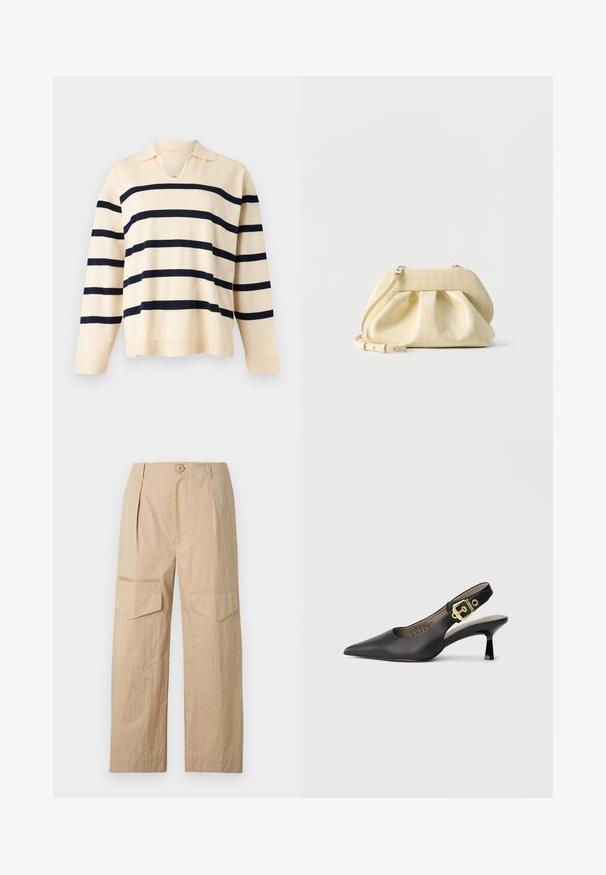Pull en maille beige à manches longues avec des rayures noires horizontales et un petit col avec un décolleté en V.; Pantalon cargo beige à jambes larges avec fermeture frontale par boutons, passants pour ceinture et poches à rabat sur les cuisses.; Chaussure à talon haut noire à bride arrière, avec un bout pointu, une texture en cuir lisse et une accent de boucle dorée sur la bride.; Petit sac à main en cuir jaune pâle avec devant froncé, ferrures dorées et bandoulière réglable sur fond blanc.
