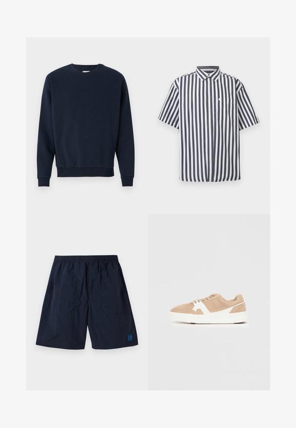 Sweatshirt en coton bleu marine avec col rond, manches longues et poignets et ourlet côtelés. Texture lisse, design minimal, sans logos visibles.; Chemise à manches courtes pour hommes, à boutons, avec des rayures verticales noires et blanches et une poche poitrine, sur un fond uni.; Shorts bleu marine en matériau léger avec une taille élastique et un petit logo carré GAP en bas à droite.; Baskets en daim beige avec des accents blancs. Bout rond, fermeture à lacets et épaisse semelle blanche avec une touche de rouge en bas.