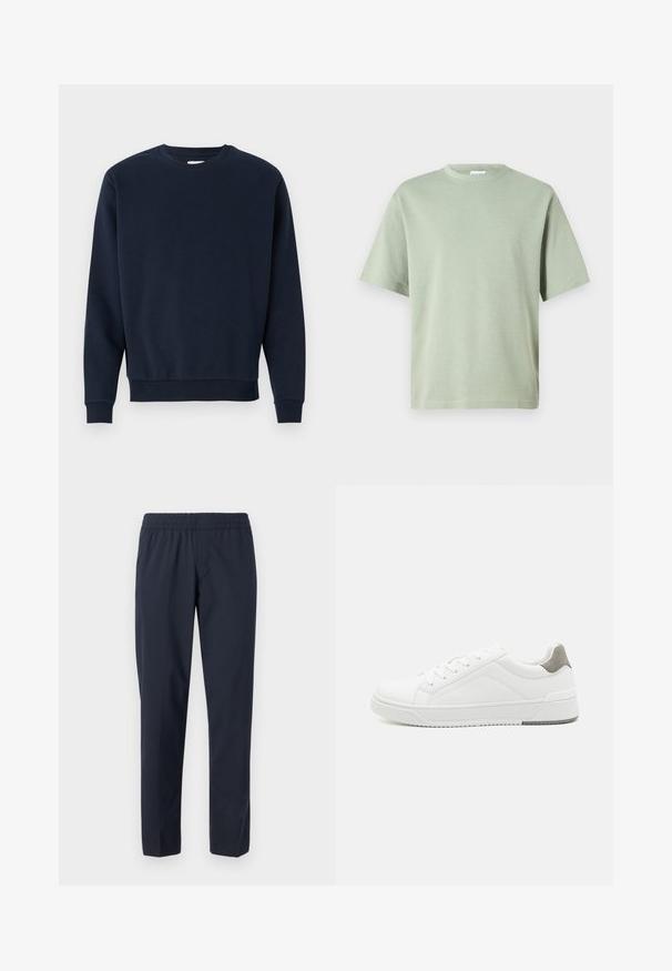 Sweatshirt en coton bleu marine avec col rond, manches longues et poignets et ourlet côtelés. Texture lisse, design minimal, sans logos visibles.; T-shirt en coton vert clair avec un col rond et des manches courtes. Le tissu a une texture lisse et n'est pas orné de motifs.; Pantalon bleu marine avec une taille élastique, jambes droites, tissu léger et sans poches ni ornements visibles.; Basket blanche en cuir lisse, à bout arrondi, design minimaliste, accent de talon gris et semelle en caoutchouc texturé.