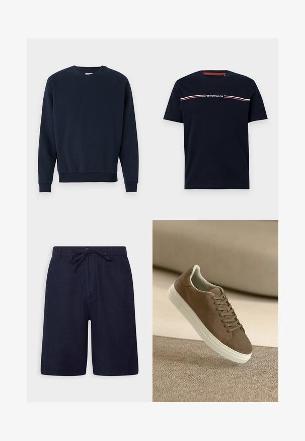 Marineblaue Baumwollsweatshirt mit Rundhalsausschnitt, langen Ärmeln und gerippten Bündchen und Saum. Glatte Textur, minimalistisches Design, keine sichtbaren Logos.; Marineblaue Baumwoll-T-Shirt mit kurzen Ärmeln und rundem Halsausschnitt, ausgestattet mit einem weißen und roten horizontalen Streifendesign und dem "TOM TAILOR" Logo.; Marineblaue Shorts aus einem leichten Stoff, mit einem Kordelzugbund, einem Knopfverschluss und seitlichen Taschen. Glatte Textur und taillierte Passform.; Braune Wildleder-Sneaker mit glatter Oberfläche, Schnürdesign und weißer Gummisohle. Verfügt über eine abgerundete Zehenpartie und eine stromlinienförmige Form.