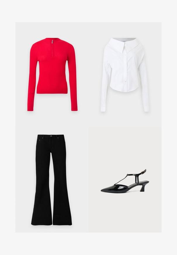 Haut rouge côtelé à manches longues, cintré, avec un col montant et une courte fermeture éclair à l'avant. Texture douce et design épuré.; Chemise blanche à manches longues, épaules dénudées, boutonnée, avec un large col et un ourlet incurvé sur un fond uni.; Jean évasés noirs en denim, avec un design classique à cinq poches, fermeture à bouton et détails de couture subtils le long des coutures.; Chaussure slingback en cuir verni noir à bout pointu avec bride en T et petit talon bloc incliné sur fond blanc.