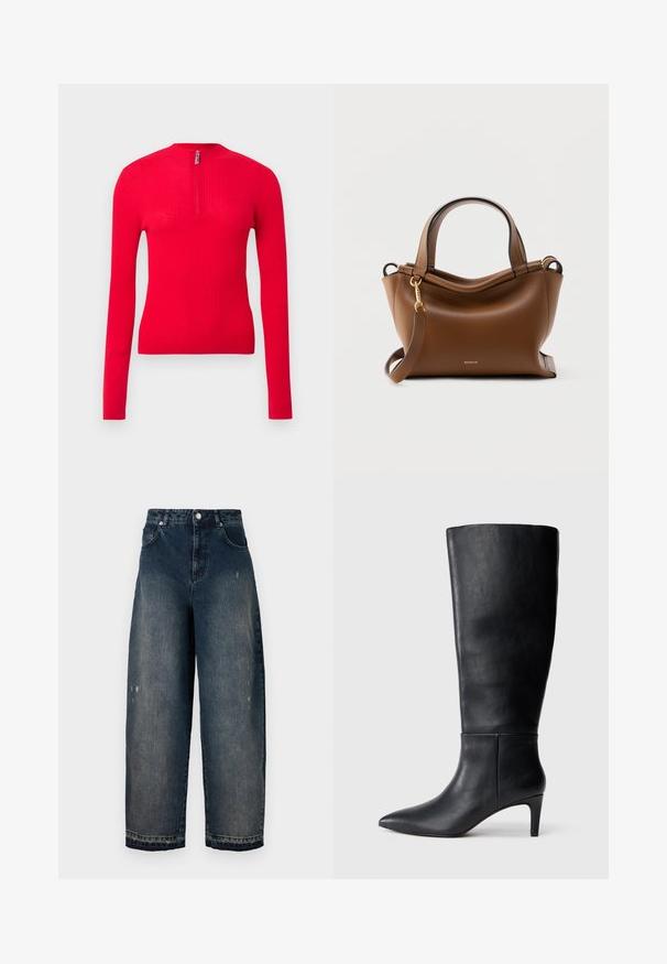 Langærmet, tætsiddende rød ribstrikket top med høj hals og kort lynlås foran. Blød tekstur og slankt design.; Mørk denim vidde bukser med høj talje, fem lommer, synlige sømme og let slid på fronten. Klassisk knap- og lynlås-lukning.; Sorte knælange støvler lavet af glat læder, med spids tå og en middels høj hæl, med et enkelt og stilrent design.; Brun læderhåndtaske med to håndtag og en aftagelig skulderrem, med guldfarvet hardware og lille "Wandler" logo på forsiden.