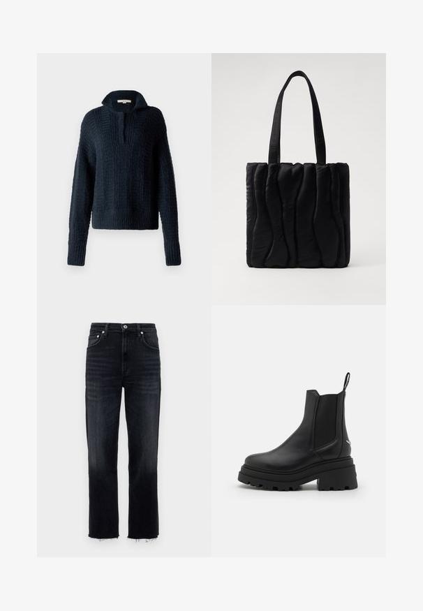 Marineblå strikket sweater med høj krave, prydet med teksturerede lodrette striber samt ribbede manchetter og kant. Blød, kraftig garnkomposition.; Høj talje, lige ben jeans i mørk vask denim, med en frynset kant og klassisk fem-pocket design med sølv hardware.; Sorte chelsea støvler lavet af glat læder med elastiske sidepaneler, en tyk, rillede gummisål og en pull-tab bagpå.; Sort totebag lavet af polstret stof, med en bølget tekstur, to robuste håndtag og en rektangulær form. Enkel, moderne design.