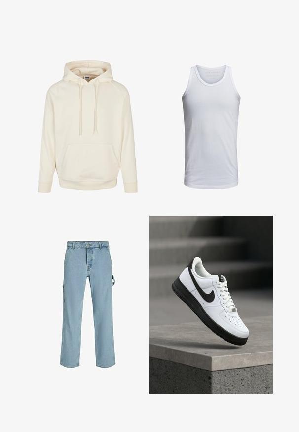 Sudadera color crema hecha de un tejido suave con un bolsillo canguro, capucha con cordón y puños acanalados. Diseño sencillo y casual con un corte relajado.; Top de tirantes de algodón blanco con cuello redondo, tirantes anchos y un logo minimalista impreso dentro del cuello. Textura suave, ajuste casual.; Pantalones cargo de mezclilla azul claro con un corte relajado, que cuentan con lazos de sujeción laterales y bolsillos frontales, mostrando una textura desgastada.; Zapatilla deportiva de cuero blanco con detalles en negro, punta redondeada y detalles perforados. Suela de goma negra con patrón texturizado y cierre de cordones.