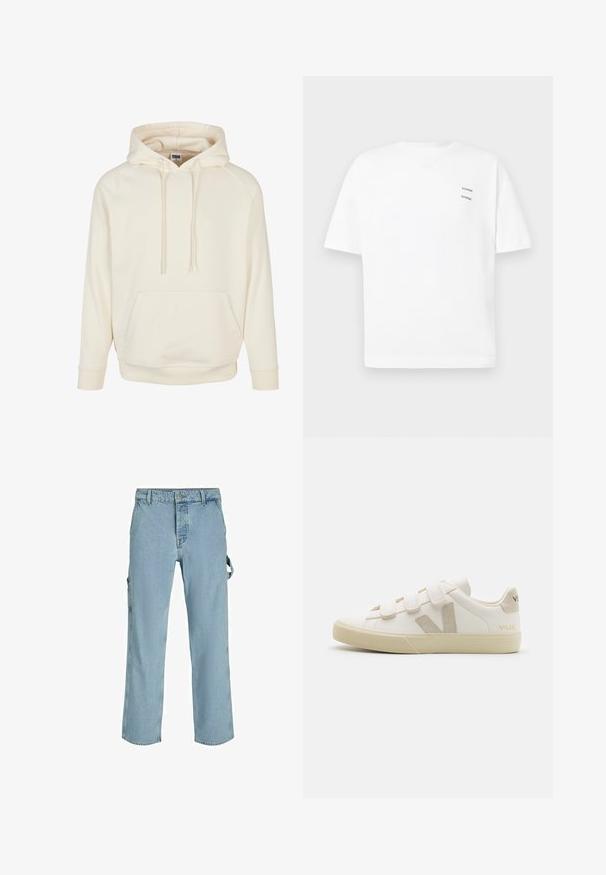 Sudadera color crema hecha de un tejido suave con un bolsillo canguro, capucha con cordón y puños acanalados. Diseño sencillo y casual con un corte relajado.; Camiseta de algodón blanca con un corte relajado, mangas cortas y escote en V. Presenta dos pequeños logotipos negros impresos en el lado izquierdo.; Pantalones cargo de mezclilla azul claro con un corte relajado, que cuentan con lazos de sujeción laterales y bolsillos frontales, mostrando una textura desgastada.; Zapatillas de cuero blancas con correas de Velcro, acentos beige, punta redondeada, suela de goma texturizada y logo en relieve. Diseño minimalista.