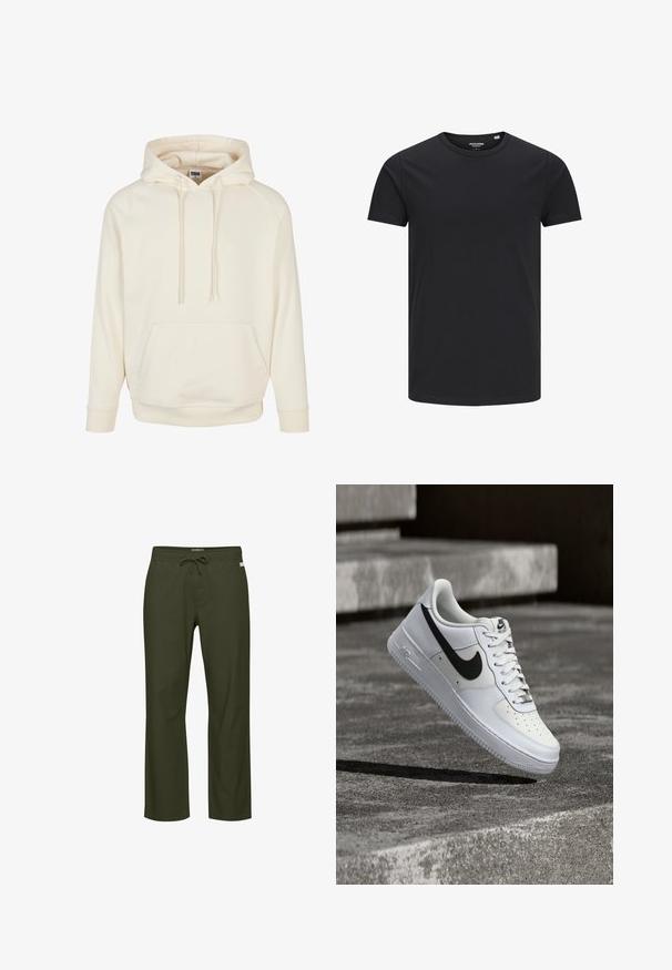Cremefarvet hættetrøje lavet af blødt stof med kengurulomme, snor i hætten og ribbede manchetter. Enkel, afslappet design med en løs pasform.; Sort bomulds T-shirt med rund hals, korte ærmer og et enkelt design. Glat tekstur, ingen mønstre eller synligt tilbehør.; Olivegrønne bukser med snor i taljen, lige ben, blød stoftekstur og en diskret logotag foran.; Hvid Nike Air Force 1-sneaker med sort swoosh, snørebånd bundet, placeret i luften over tekstureret betonoverflade udendørs.