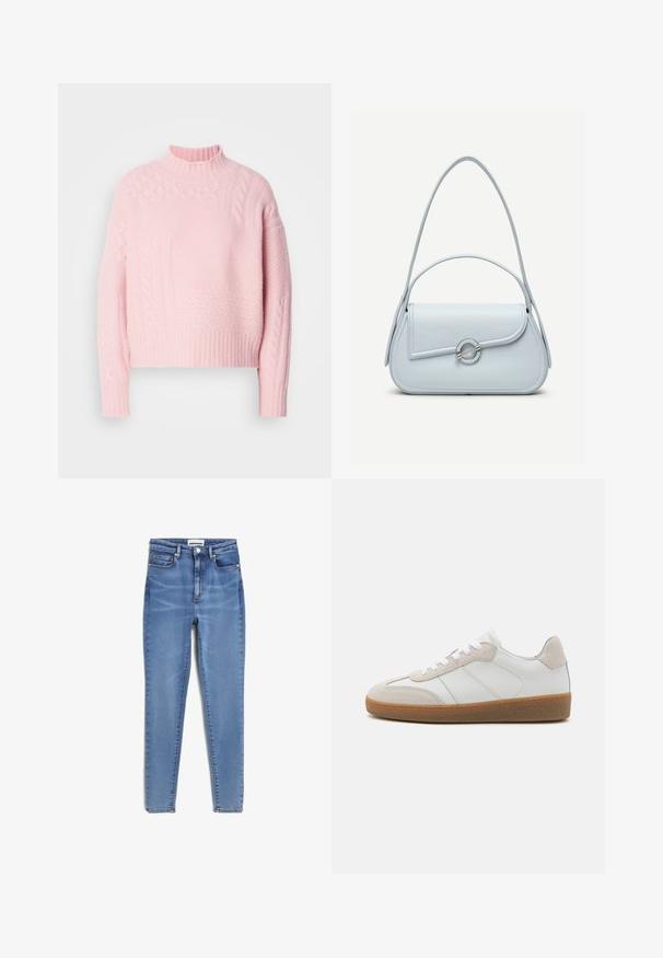 Lacoste ADY - Trui - nidus; Lichtblauwe skinny jeans van denim, met een hoge taille, vijf zakken en koperen hardware. Zachte textuur met een lichte vervaging.; Witte leren sneakers met beige suède accenten, een gestructureerde tong en een rubberen zool. Voorzien van witte veters en subtiele gestikte details.; Lichtblauwe leren handtas met een afgeronde klep, zilveren ronde sluiting en twee schouderbanden tegen een effen achtergrond.