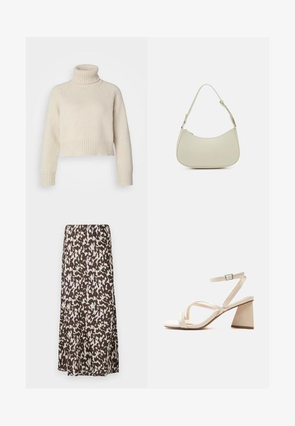 Cremefarvet strikket sweater med høj ribbet turtleneck, cropped længde samt ribbede manchetter og kant. Glat tekstur med et ensfarvet mønster.; Brun nederdel med et hvidt abstrakt mønster, med et flydende design og glat tekstur, der går til midten af læggen.; Beige åben tå sandal med blokhæl, krydsede remme og justerbar ankelrem med sølvspænde.; Pieces PCALUANA SHOULDER BAG - Håndtasker - birch