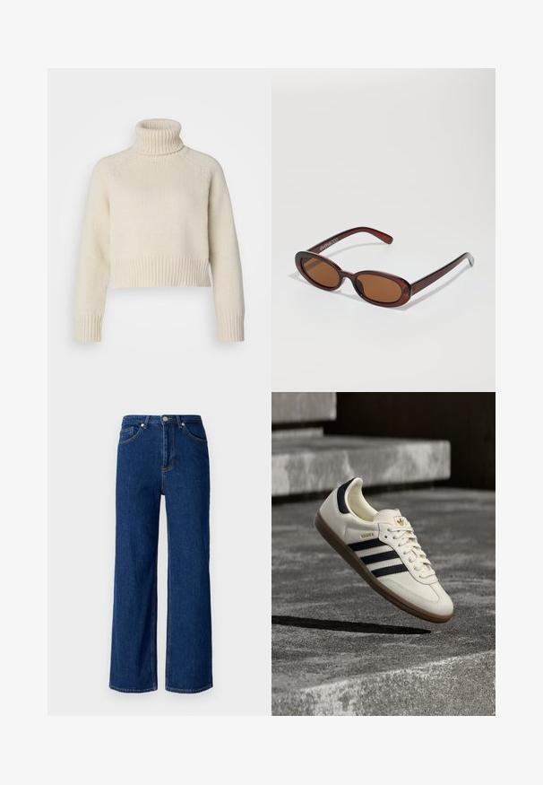 Cremfarbener gestrickter Pullover mit hohem, geripptem Rollkragen, verkürzter Länge sowie gerippten Bündchen und Saum. Glatte Textur mit einem einfarbigen Muster.; Weite Jeans aus Denim in Dunkelblau mit klassischem Fünf-Taschen-Design, subtilen Nähten und einem Metallknopfverschluss am Bund.; Weißer Adidas Samba Sneaker mit schwarzen Streifen und Gummisohle, schwebend über strukturierten grauen Betontreppen.; Runde, braun getönte Sonnenbrillen mit einem glänzenden burgunderfarbenen Rahmen. Schlanke Bügel mit dezentem Branding. Flaches Linsendesign.