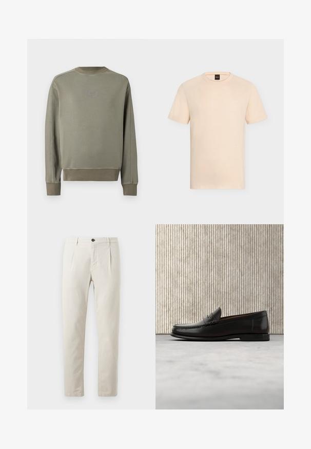 Olijfgroene trui met lange mouwen, geribbelde boorden en zoom, een ronde hals en een klein, centraal geplaatst logo op de borst.; Beige T-shirt met korte mouwen en een ronde hals met subtiel “BOSS” logo op de borst en een zwart label binnenin de hals.; Beige katoenen broek met een recht-pijpen ontwerp, uitgerust met een enkele zwarte knoopsluiting en twee voorzakken. Glad van structuur.; Zwarte leren penny loafer met lage hak, afgeronde neus en gestikte details langs de voorkant en zijkanten, afgebeeld op een neutrale achtergrond.