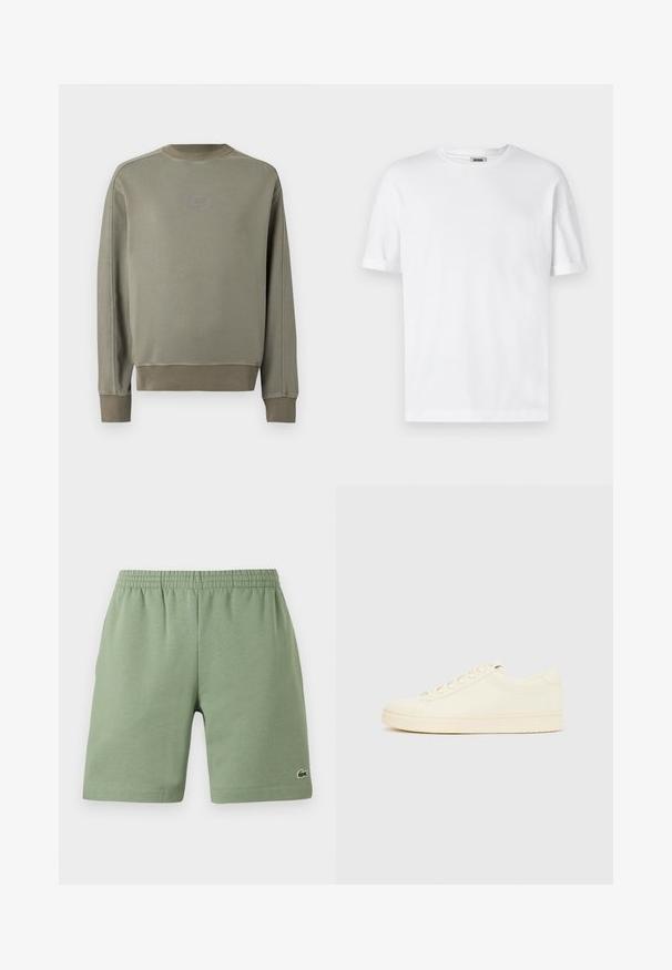 Olijfgroene trui met lange mouwen, geribbelde boorden en zoom, een ronde hals en een klein, centraal geplaatst logo op de borst.; Witte katoenen t-shirt met een ronde hals, korte mouwen en omgeslagen mouwen; ongecompliceerd ontwerp, zachte textuur en rechte snit.; Groene katoenen shorts met een elastische tailleband, ontspannen pasvorm en een klein geborduurd logo aan de onderkant aan de linkerzijde. Gladde textuur, geen zakken.; Slofkleurige sneaker met een glad leren bovenwerk, ronde neus, vetersluiting en een geribbelde rubberen zool. Minimalistisch ontwerp, zonder logo's.