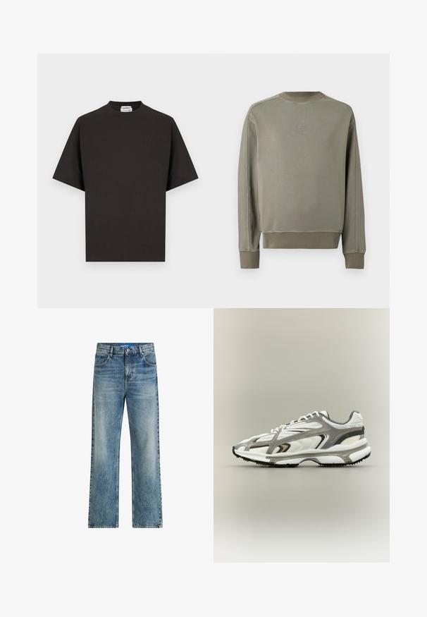 Pull-over vert olive à manches longues avec poignets et ourlet côtelés, col rond, et petit logo centré sur la poitrine.; T-shirt noir à manches courtes et col rond, avec un petit logo crocodile ton sur ton de Lacoste sur la poitrine gauche et un ourlet droit.; Des jeans en denim bleu clair à jambes larges présentent une taille haute, un design classique à cinq poches et un léger délavage pour ajouter de la texture.; Chaussure de sport avec une tige en mesh blanc, des accents gris, une semelle en caoutchouc noire et un design épuré. Elle présente des lacets et des détails texturés.